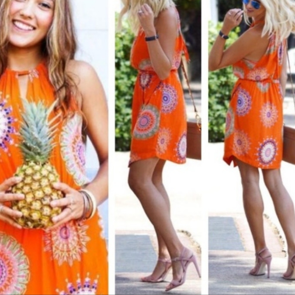 Anthropologie Floreat "Livia" Vibrant Orange Halter Dress 🧡